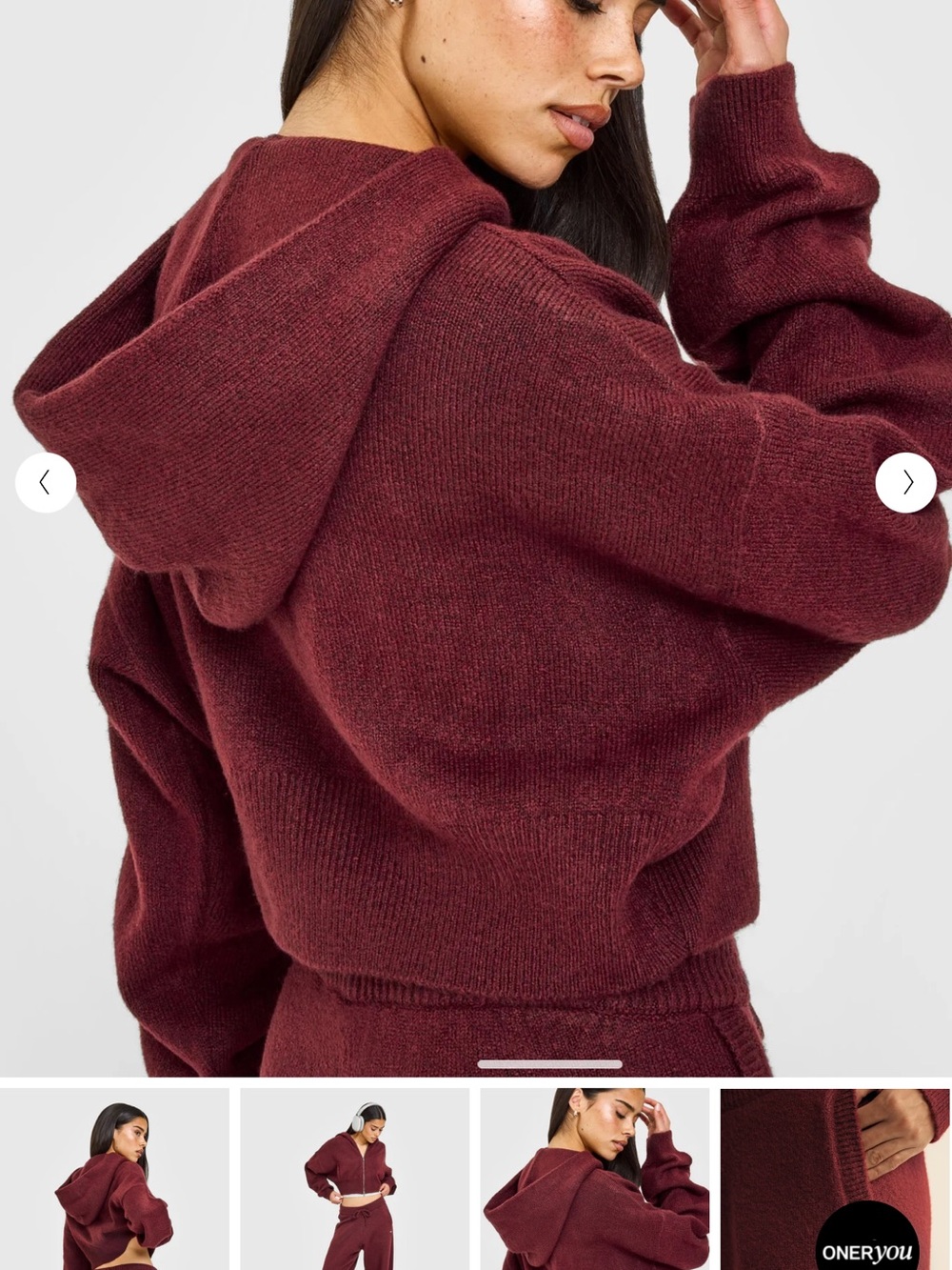 Oner Active Cropped Hooded Zip Sweater Jacket in Deep Burgundy - Picture 3 of 7
